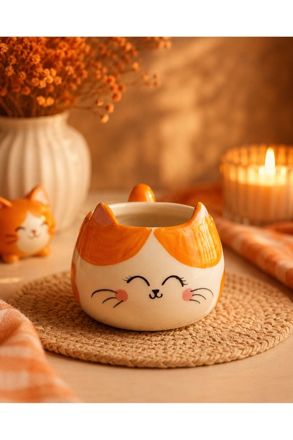 Kotium Ceramics Kedi Kupa Turuncu Benek Desenli Özel Kabartmalı Tamamıyla El Yapımı Seramik Kupa