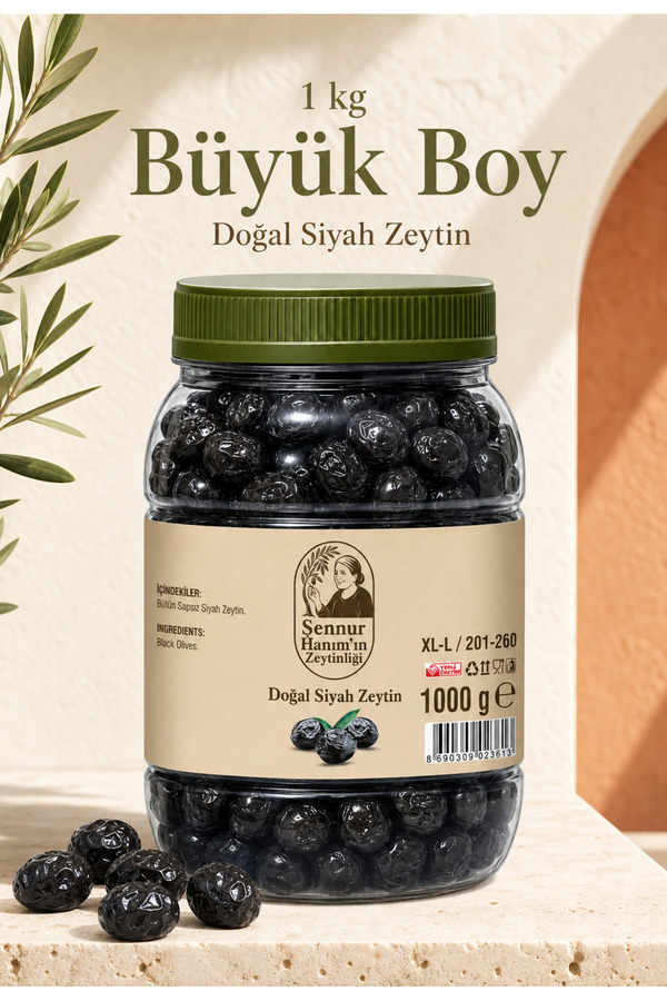Şennur Hanım'ın Zeytinliği 1KG Doğal Siyah Zeytin Büyük Boy – Katkısız Bütün Siyah Zeytin – Geleneksel Sofralık Zeytin XL - L