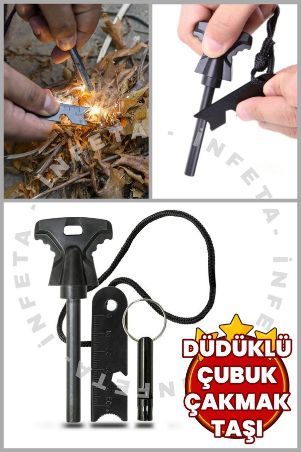 İnfeta Acil Durum Magnezyum Çubuk Çakmaktaşı Düdüklü Hayatta Kalma Ateş Başlatıcı Çakmak Kiti