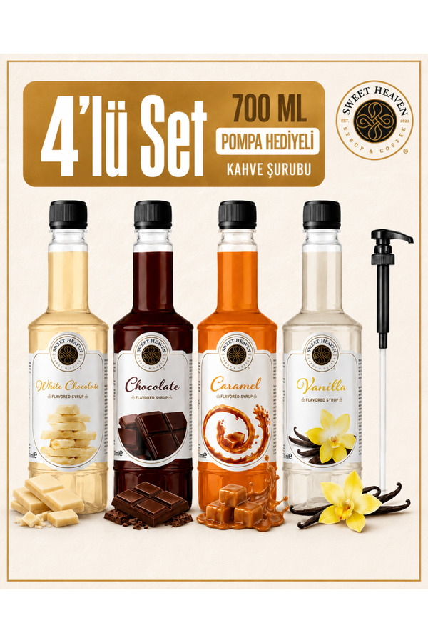 Sweet Heaven Kahve Şurubu 700 ML 4’lü Set – White Chocolate Chocolate Caramel ve Vanilla + Pompa Hediyeli