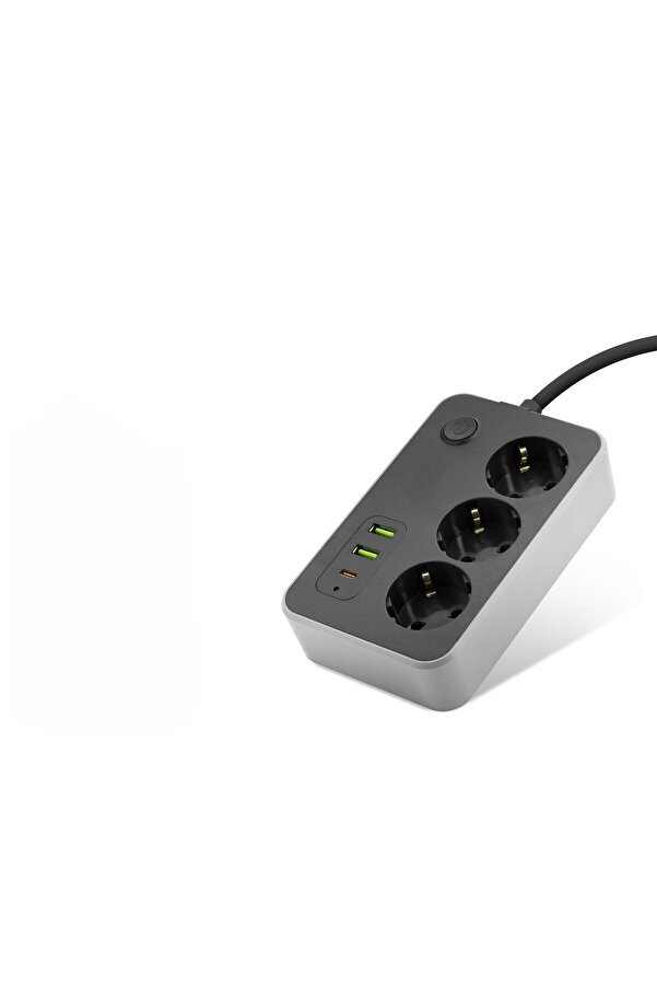 Evi̇mdeyokyok Topraklı Termal Akım Korumalı Uzatma Kablosu Anahtarlı 3 Pri̇z 2 Usb 1 Type-C 2 M Si̇yah Sh4626