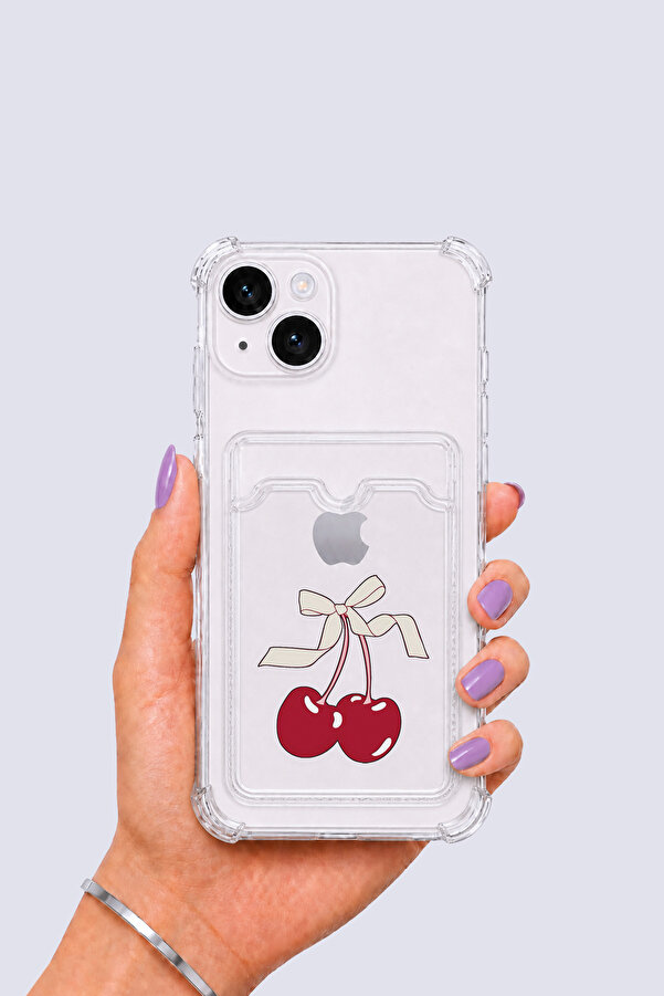 Geneloem İphone 14 Kartlıklı Ki̇raz Desenli̇ Kılıf