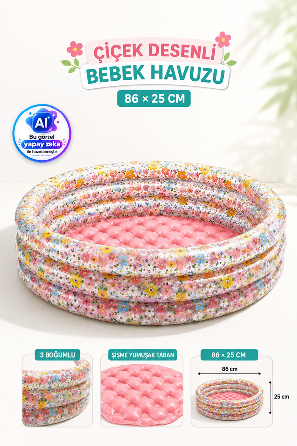 YILDIRIM OYUNCAK 3 Boğumlu Çiçek Desenli Bebek Şişme Havuzu 86x25cm – Yumuşak Şişme Tabanlı Yuvarlak Çocuk Havuzu
