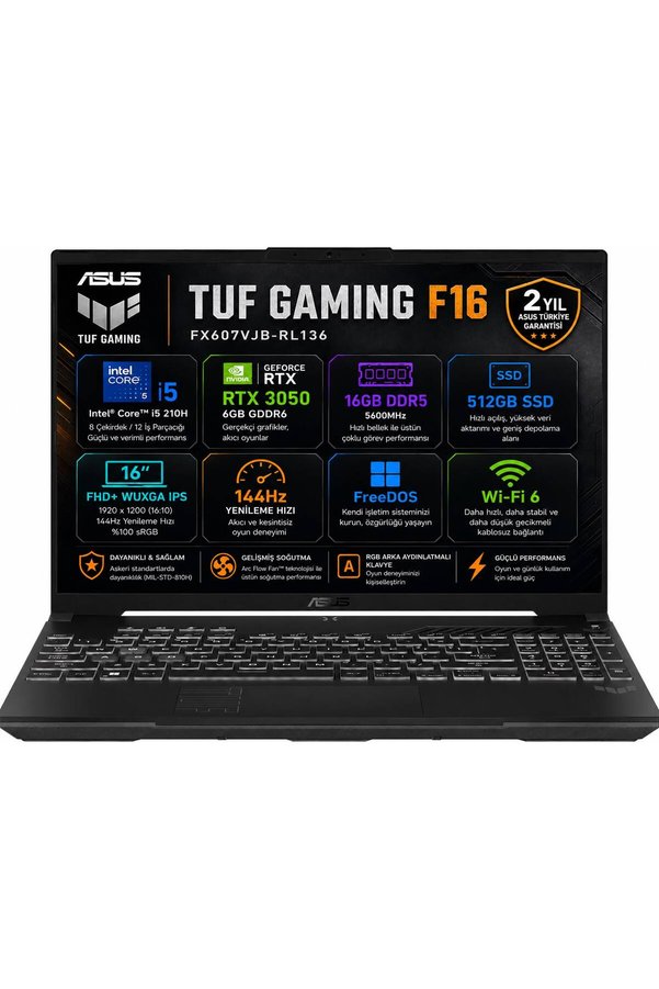 ASUS TUF F16 FX607VJB-RL136-Gaming Intel Core 5 210H 16GB 512GB SSD RTX 3050 6GB 16" FHD+ Wuxga IPS Fdos