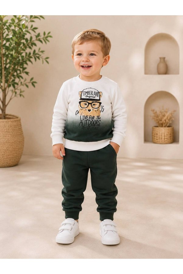 Organic Product DimpleBaby Erkek Bebek Ayıcık Baskılı Sweatshirt Eşofman Altı 2’li Takım 0-24 Ay