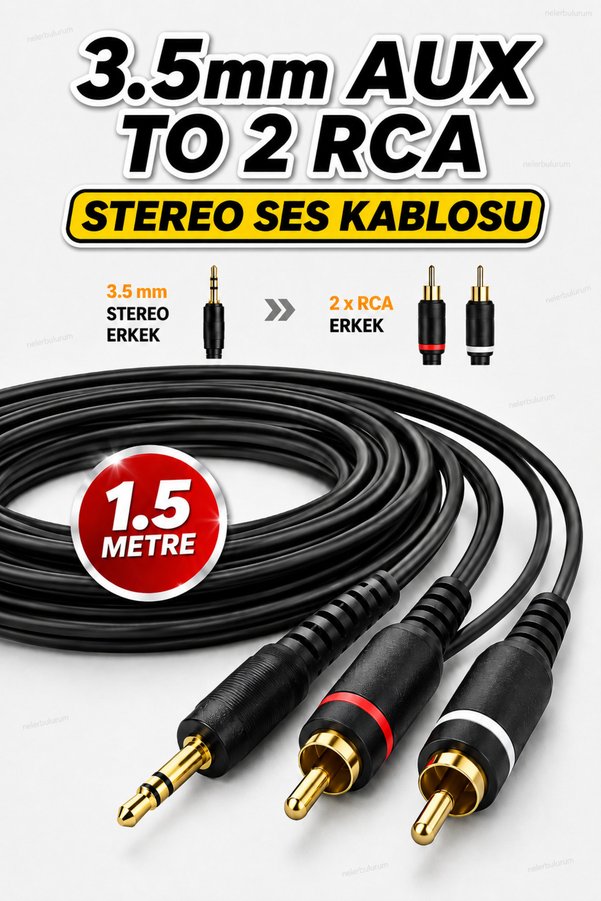 nelerbulurum Ultra Kaliteli 3.5mm AUX to 2 RCA Erkek Stereo Ses Kablosu 1.5 Metre Altın Uçlu TV Amfi Hoparlör Müzik Seti PC Laptop Araç Uyumlu