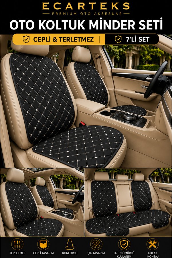 ECARTEKS PREMİUM QUALİTY CAR ACCESSORİES Terletmez Cepli Oto Koltuk Minder Seti Kolay Montaj Universal Koruyucu Kılıf Kumaş Gümüş