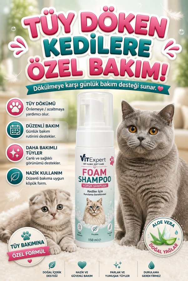 Vitexpert Tüy Döken Kedilere Özel Vet Clinic Soft Care Doğal Kuru Köpük Şampuanı | Yetişkin & Yavru Kedilere Uygun Doğal Formül | Aloe Vera & Doğal Yağlar | Parlak ve Daha Yumuşak Tüyler İçin Kuru Kedi Şampuanı