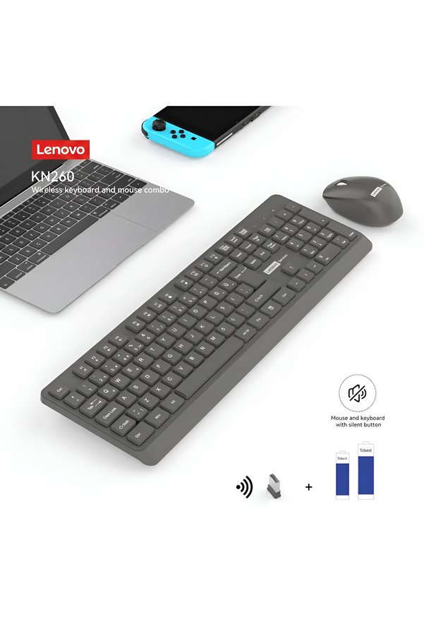 LENOVO KN260 Sessiz Kablosuz Klavye Mouse Set Koyu Gri Q Türkçe Piller Dahil 870042257