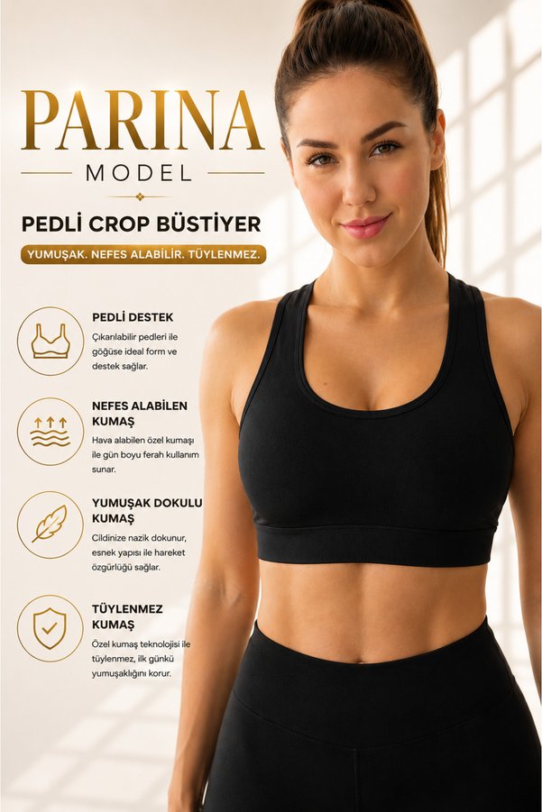 MİSTİRİK Parina Model Sporcu Sütyeni Crop Kalın Askılı Model Spor Sütyeni Siyah Renk