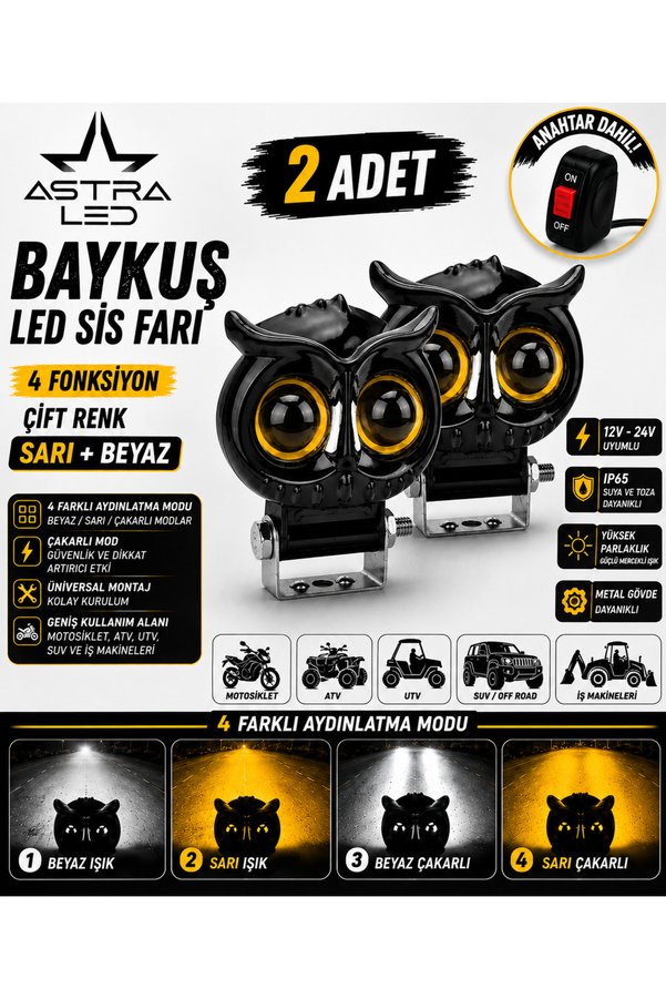 ASTRA LED 2 Adet Açma Kapama Anahtarlı Baykuş LED SİS Farı Çakarlı 4 Fonksiyon Çift Renk Sarı-Beyaz Moto-Offroad-SUV-İŞ Makinesi