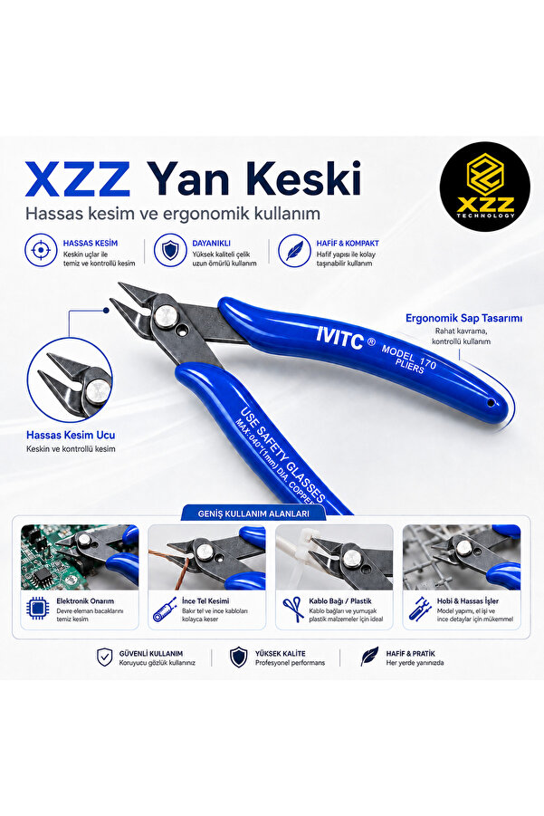XZZ Ivıtc Mini Yan Keski Model 170 Tel Kesme Makası Kablo Kesici Elektronikçi Tipi Mavi