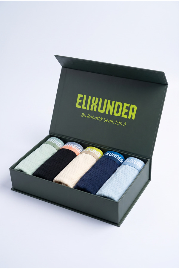 Elixunder 5'li Premium Karışık Renk Saf Pamuklu Erkek Boxer Premium Mıknatıslı Kutulu