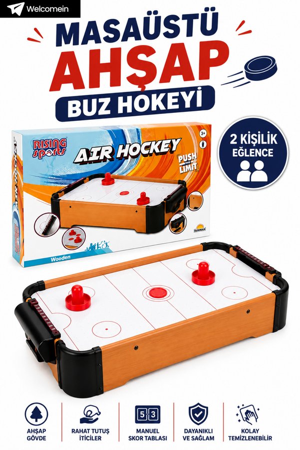 welcomein Ahşap Masaüstü Hava Hokeyi 2 Kişilik Çocuk Oyunu Pilli Skor Tablalı Masa Oyunu Aktivite Masa