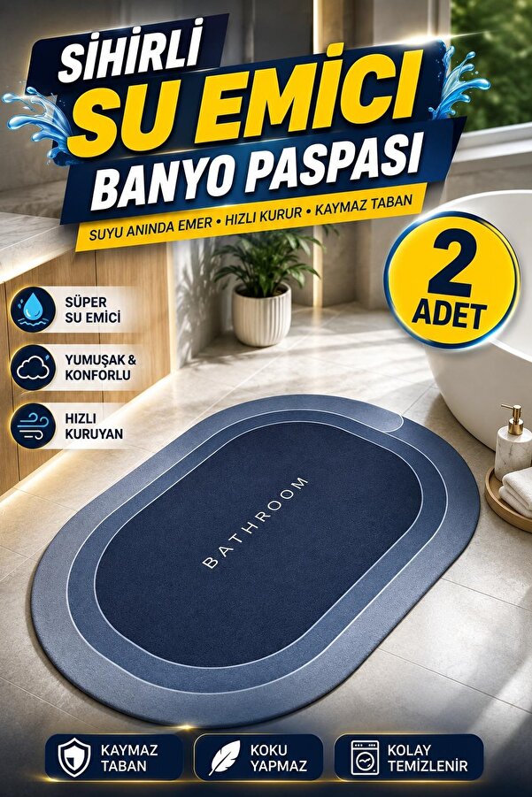 Kitchen Beauty 2 Adet Sihirli Su Emici Esnek Diatom Oval Süper Su Emici Banyo Paspası Abdest Paspası 40x60