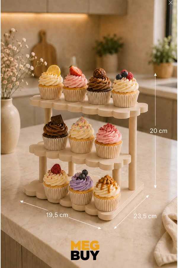 MEGBUY 3 Katlı Cupcake Standı – Dekoratif Pasta Kek ve Tatlı Sunum Standı 19 5cm x 20cm
