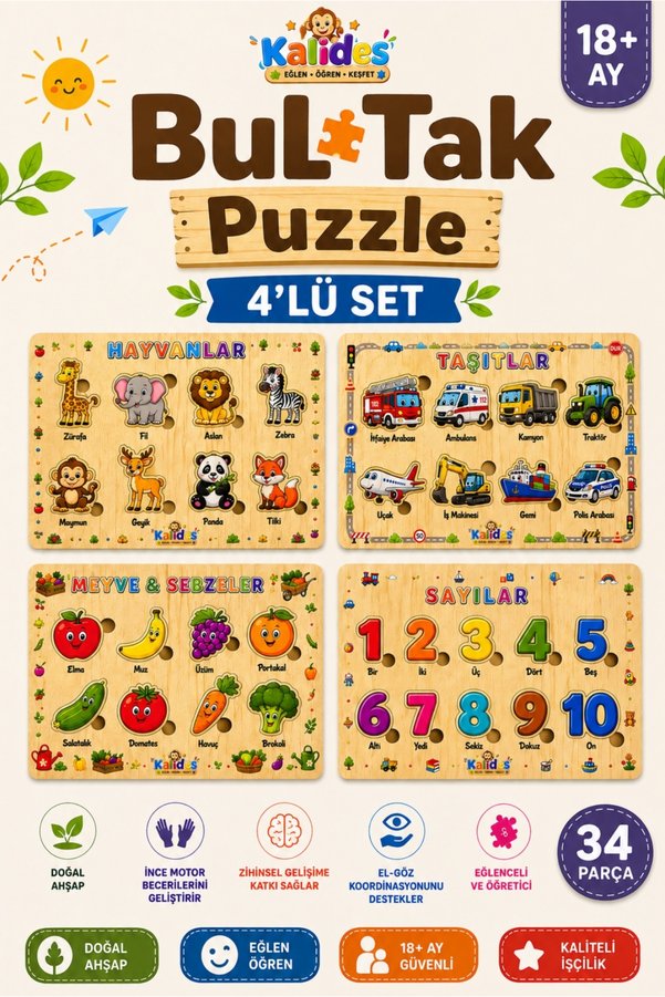 kalides Ahşap Türkçe 4'LÜ Set Eğitici-Öğretici Bul Tak Yapboz | BulTak Puzzle | Montessori Dikkat ve Eşleştirme Oyunu