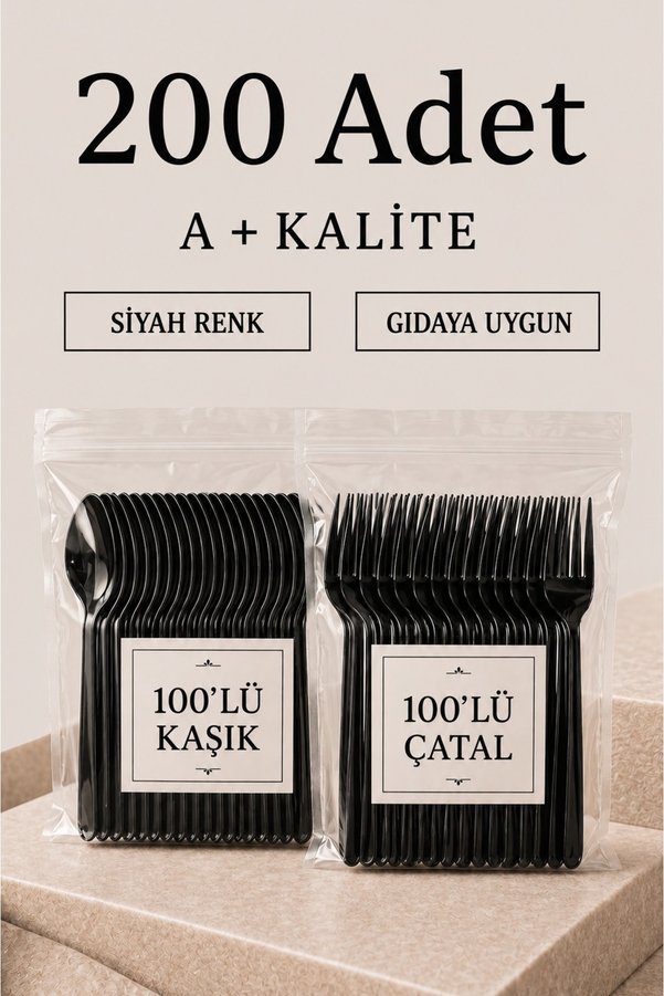 BKC TİCARET 200'lü 100 Adet Siyah Plastik Çatal + 100 Adet Siyah Plastik Kaşık | A+ Kalite Kullan-At Siyah Çatal ve Kaşık Seti | Piknik Davet Parti Catering