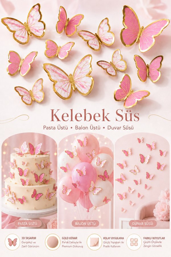 BalonArt 21 Adet Pembe Gold Kelebek Süs Sticker Pasta Balon Ve Duvar Süsü Doğum Günü Dekorasyon Seti