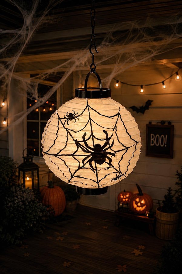 Patladı Gitti Halloween 20 cm Led Işıklı Örümcek Desenli Beyaz Renk Kağıt Japon Feneri