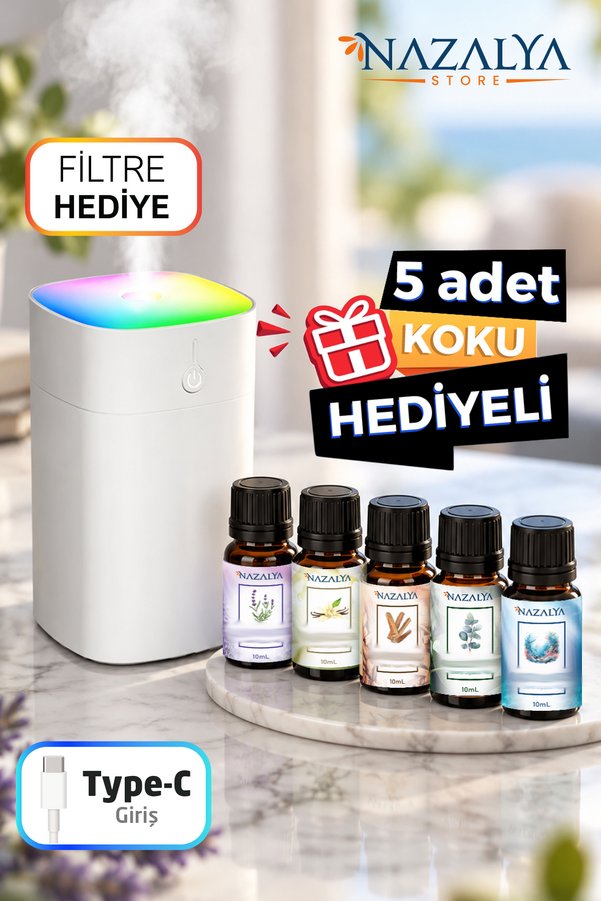 Nazalya +5 Adet Koku Hediyeli 400ml Ultrasonik Oda ve Araç Hava Nemlendirici Buhar Makinesi Ve Aroma Difüzörü Koku
