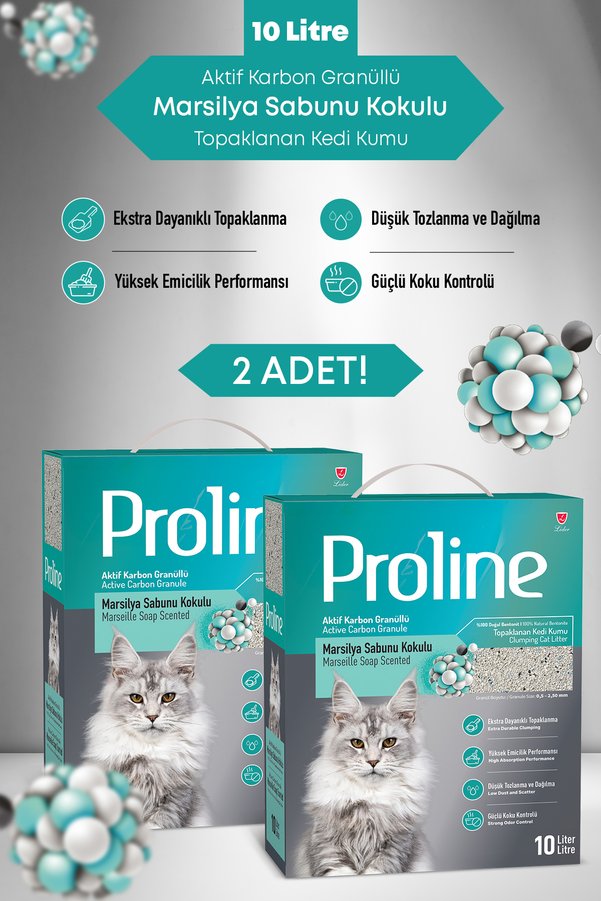 Proline Aktif Karbon Granüllü Marsilya Sabun Kokulu Bentonit Kedi Kumu 2X10 LT