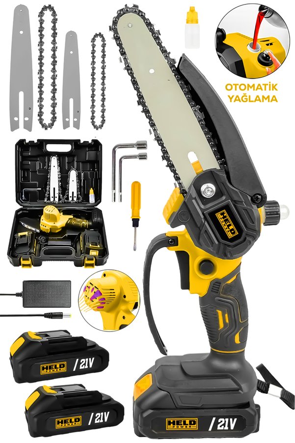 held power 21V Çift Pala - Çift Zincirli Otomatik Yağlamalı Akülü Mini Ağaç Kesme Testeresi Seti