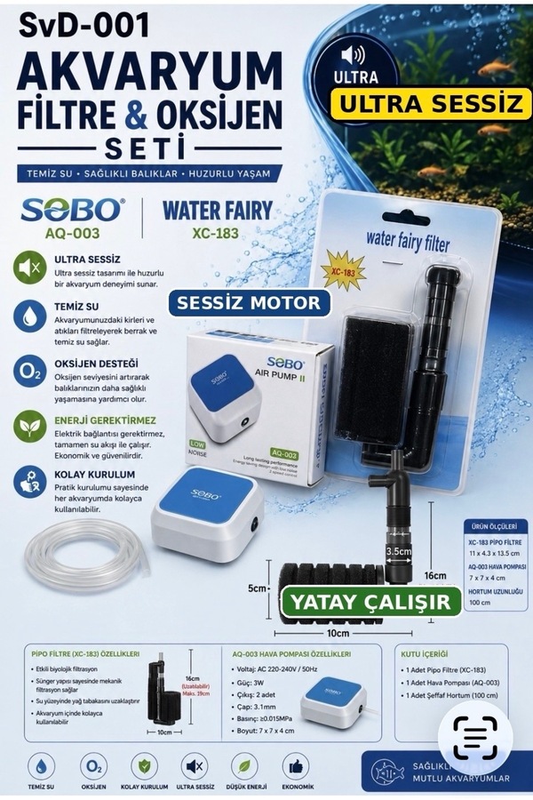 Sobo SvD-001 Mini Akvaryumlar Için Sessiz Motor Temizlik VE Oksijen Seti