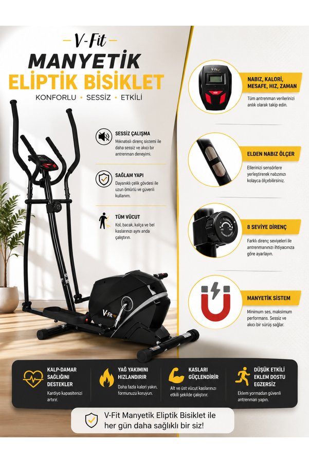 Voit V-fit By Voit Sessiz Manyetik Eliptik Bisiklet Nabız Ölçerli Ev Tipi Kondisyon Aleti