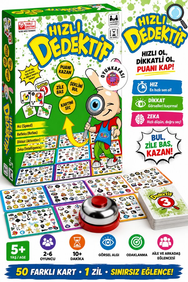 OYUNKAFASI Hızlı Dedektif Görsel Bulma Dikkat ve Refleks Oyunu Zilli Aile Çocuk Kutu Oyunu
