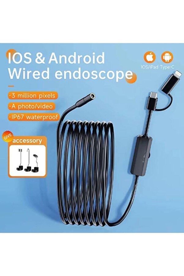 Ethab Ti̇caret Glb-Stl41414 Endoskop Yılan Vi̇deo Kamera Ios Ve Androi̇d Uyumlu Led’li̇ 10 Metre 8 Mm Sert Kablo 2Mp