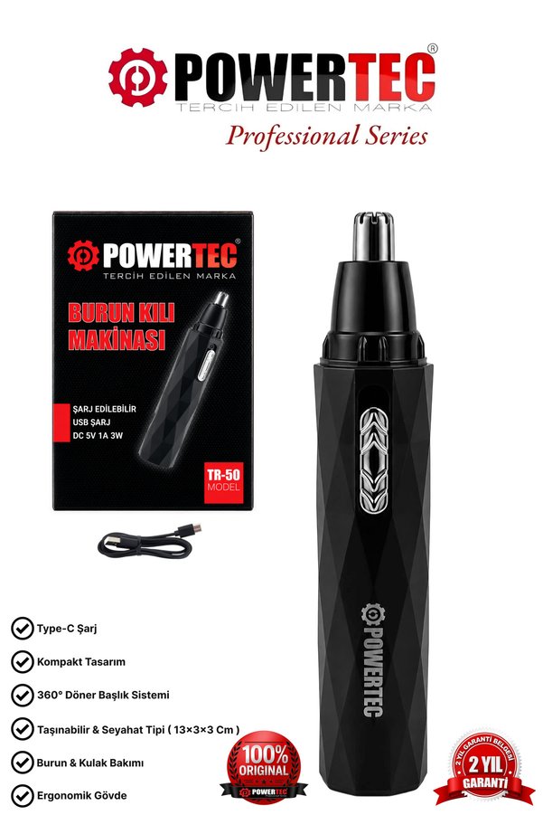 POWERTEC TR-50 Profesyonel Type-C Şarjlı Burun & Kulak Kılı Tıraş Makinesi