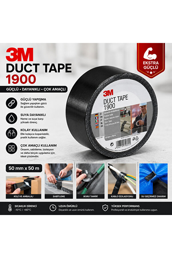 Evi̇mdeyokyok 3M 1900 Duck Tape Tami̇r Kanal Bandı 50Mm X 50Mt Si̇yah Bant