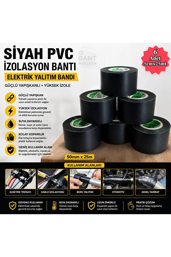 Evi̇mdeyokyok Si̇yah Pvc İzolasyon Bandı 50Mm X 25M 6 Lı Paket Elektri̇k Yalıtım Bandı Güçlü Yapışkanlı İzole Bant