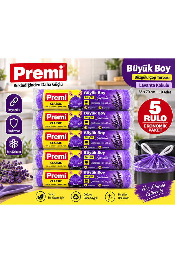 Premi Büyük Boy Büzgülü Çöp Torbası Lavanta Kokulu