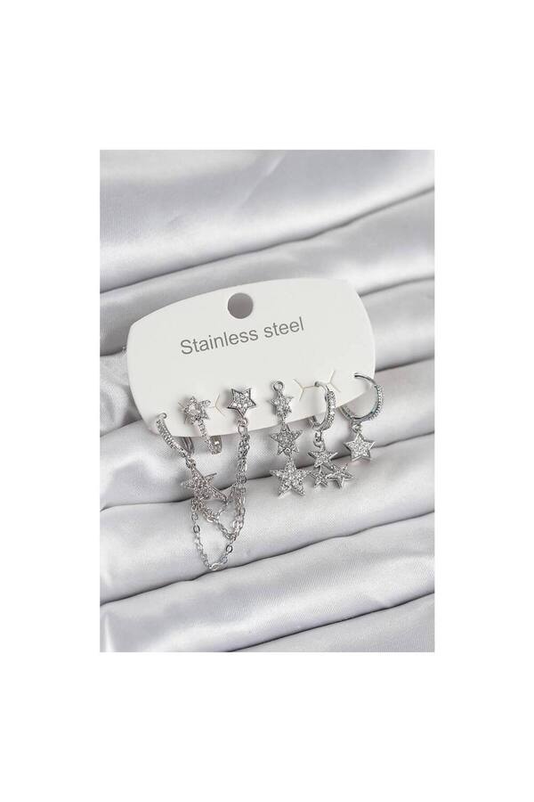 Evi̇mdeyokyok 316L Çeli̇k Gold Renk 6 Lı Set Zi̇nci̇rli̇ Yıldız Modelli̇ Kadın Küpe - Tj-Bkp11748