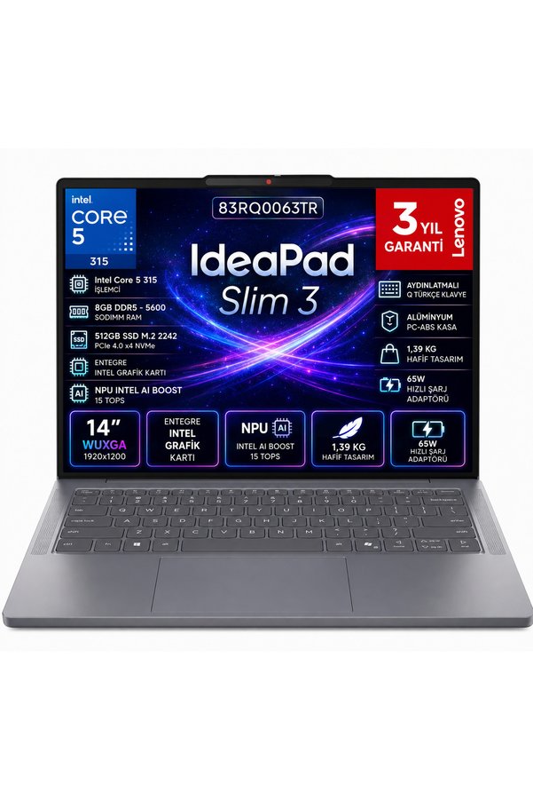 LENOVO IdeaPad Slim 3 14IWC11 Intel Core 5 315 8 GB 512 GB M2 SSD CoPilot FreeDos 14" Wuxga 83RQ0063TR