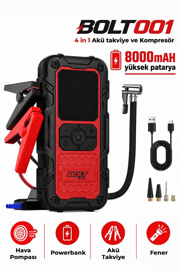 STREET BIKER Bolt 001 Çantalı 4'ü 1 Arada Akü Takviye Cihazı | 150 PSI Şarjlı Lastik Şişirme | Hava Kompresörü | Powerbank | LED Işık