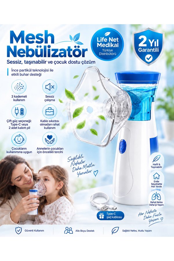 Life Net Medikal Taşınabilir Mesh Nebülizatör – Süper Sessiz Yeni Nesil | Yetişkin & Çocuk | USB / JSL-W302