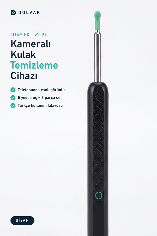 Dolvak Kameralı Kulak Temizleme Cihazı 1296P HD WiFi Otoskop - Türkçe Kılavuzlu 5 Yedek Uç iOS/Android