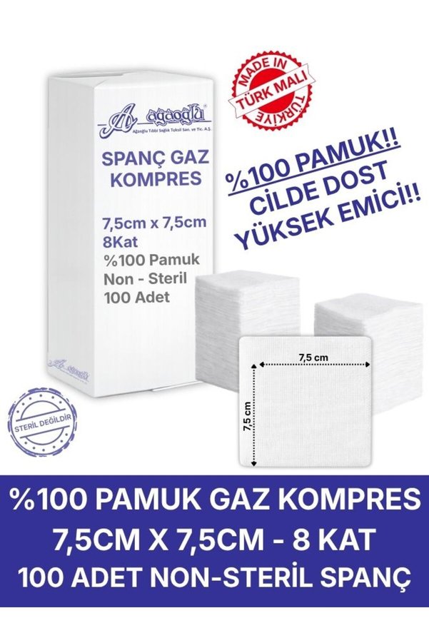 Alban Spanç Gazlı Bez 7 5x7 5cm 8 Katlı 100 Adet - Yüksek Emici Yapışmayan Nefes Alabilir %100 Pamuk