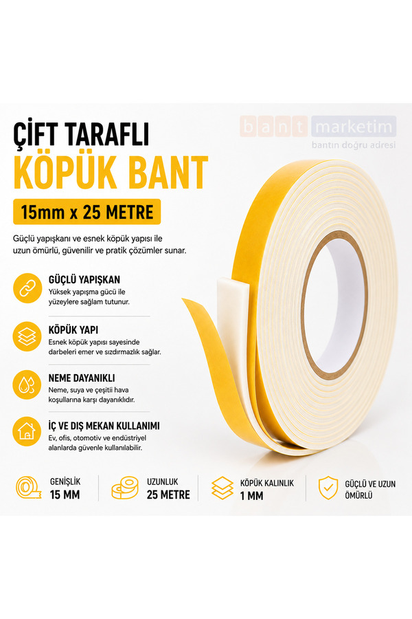 Evi̇mdeyokyok Çi̇ft Taraflı Köpük Bant 15Mm X 25 Metre Yapışkanlı Sünger Bant Montaj Sabi̇tleme İzolasyon Bandı