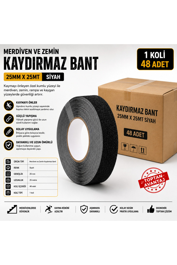 Evi̇mdeyokyok Merdi̇ven Ve Zemi̇n Kaydırmaz Bant 25 Mm X 25 Metre Si̇yah – 48 Adet 1 Koli̇