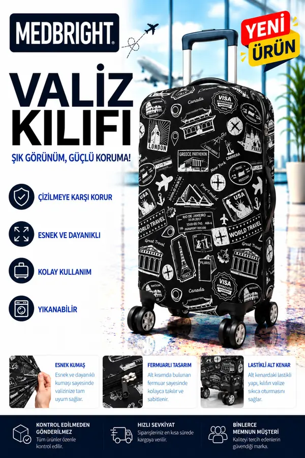 MEDBRIGHT Valiz Kılıfı Bavul Kılıfı Likralı Esnek Kumaş Ve Dayanıklı Valiz Kılıfı Worldtravel-VK19