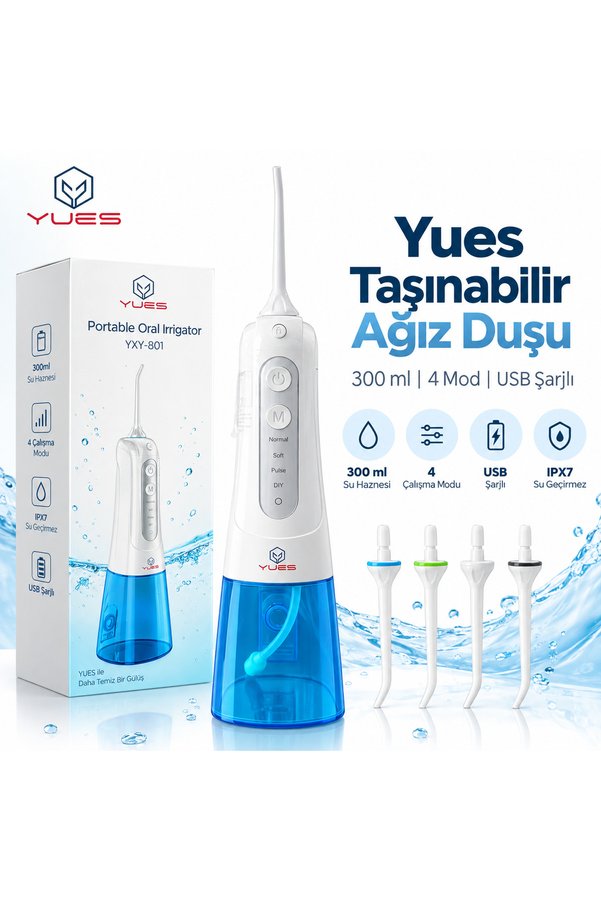 YUES Taşınabilir Ağız Duşu 300 ml Şarjlı 4 Modlu IPX7 Diş Arası Temizleme Cihazı YXY-801