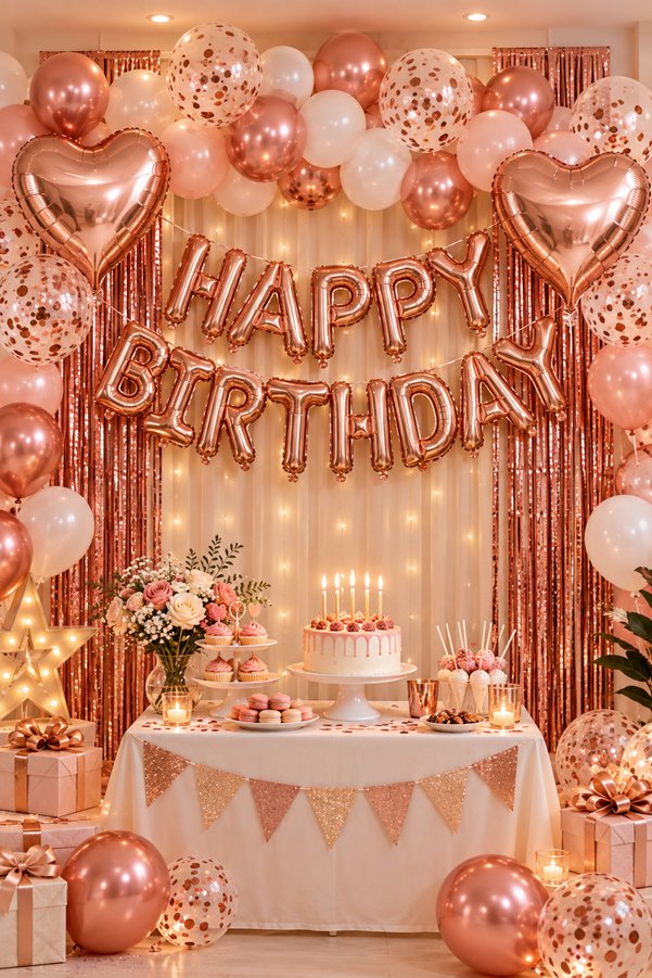 Parti dolabı Rose Gold Pembe Happy Birthday Ve Kalp Folyo Ve 30 Rose Beyaz Şeffaf Balonlu Arka Fon Perde Set