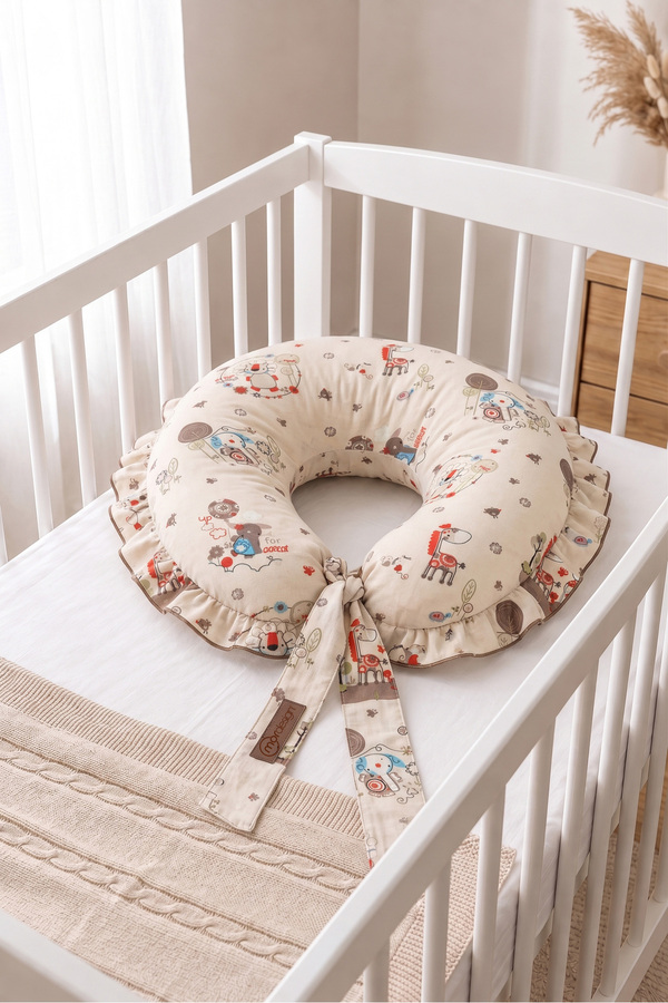 mordesign Fırfırlı Emzirme Yastığı Bebek Destek Minderi Hamile Yastığı Pamuk Kumaş Ruffle Seri Animal