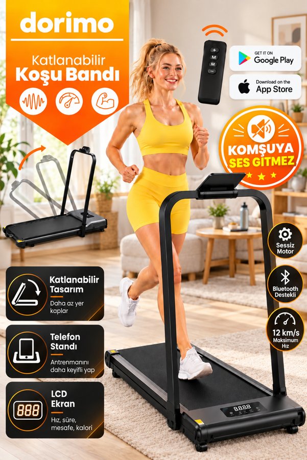 Dorimo HIZ 12 2HP Bluetoothlu Katlanabilir Uzaktan Kumandalı Yürüme ve Koşu Bandı | Portatif Sessiz Akıllı Kullanım