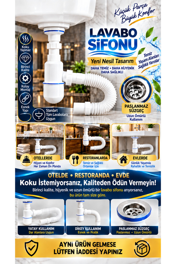 Genel Markalar Esnek Lavabo Sifonu Gider Borusu Koku Önleyici Sızdırmaz Bağlantılı Pratik Montaj