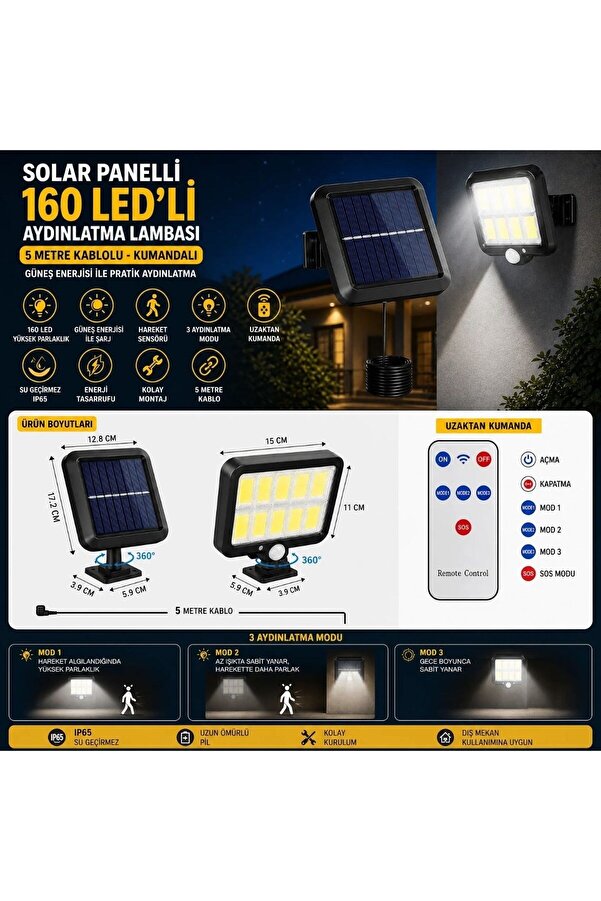 Go İthalat 160 Led Solar Bahçe Aydınlatması, 6&Ampaposlı Güneş Panelli̇ Led Lamba, 5 Metre Kablolu Ve Kumandal